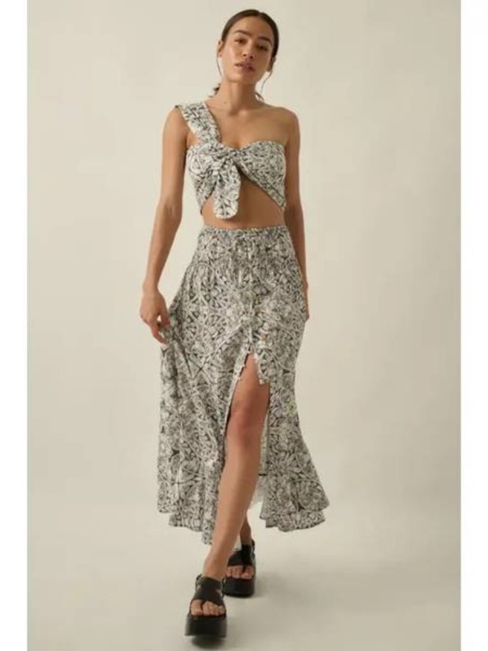 Product Abstract Floral Smocked Half-Button Drawstring Maxi Skirt